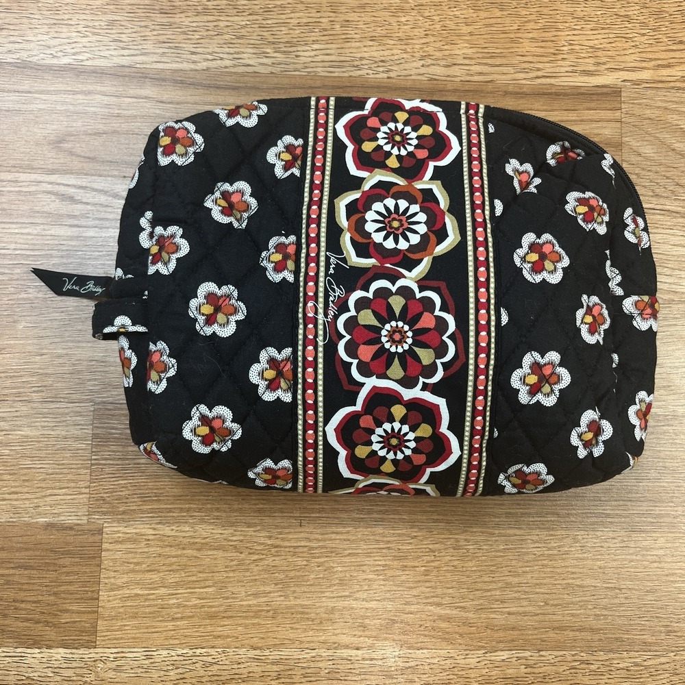 Vera Bradley Piourette Large Cosmetic Makeup Bag Zip Close Black‎ Floral